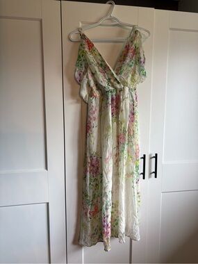 Sabina Musayev White Maxi Dress with Pink & Green Floral Print